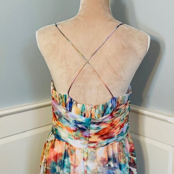 Aidan Mattox Watercolor Cutout Chiffon Maxi Gown Bridesmaid Halter Medium - Picture 7 of 10